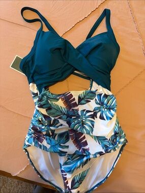 Teal & Tropical Print One-Piece Swimsuit